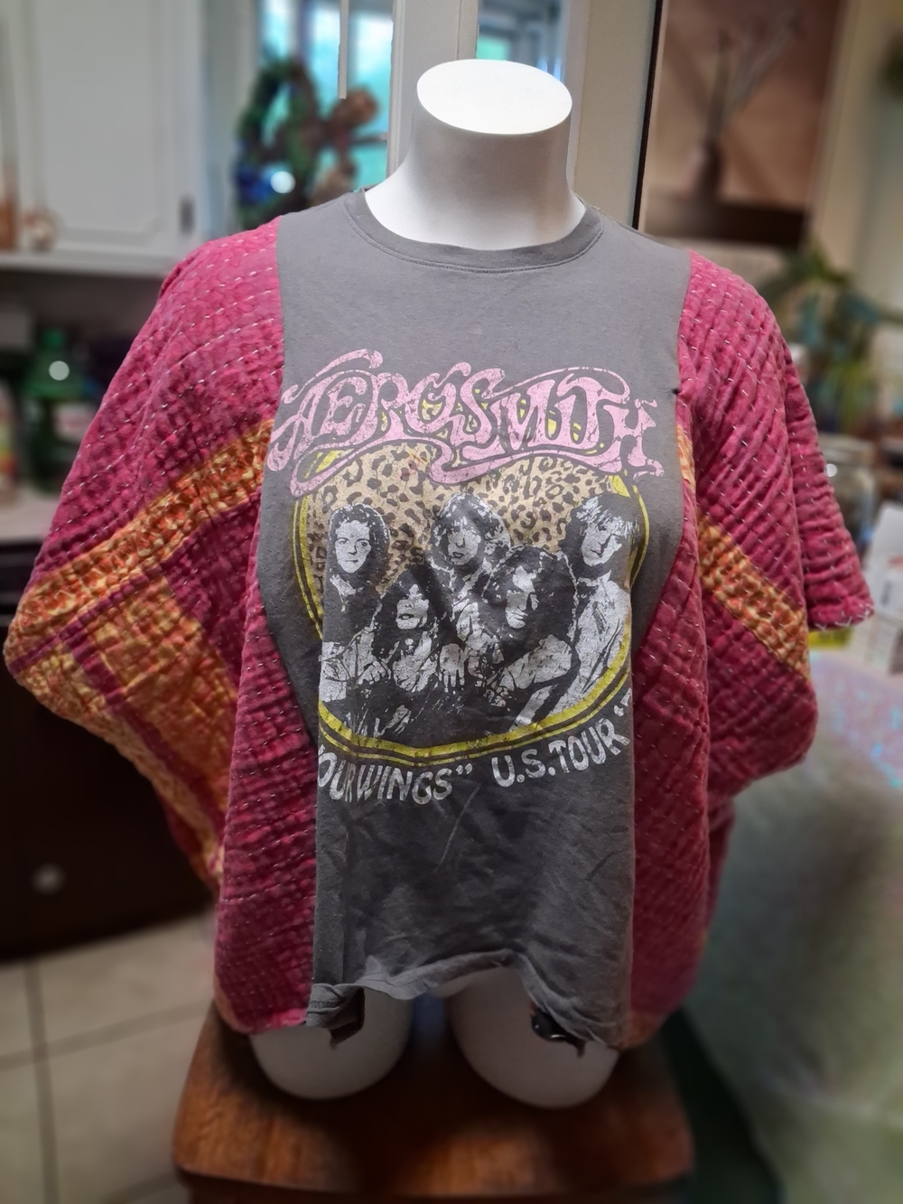 OOAK Upcycled Aerosmith Band Poncho With Kantha Sleeves (0-6x)